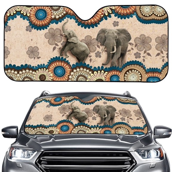 Xoenoiee Boho Mandala Elephant Pattern Sunshade for Car Windshield Sun Visor with Suction Cup Reflective Sun Blocker Easy to Install Universal Fits Sedans, SUVs, Truck, 57.1x27.4 inches