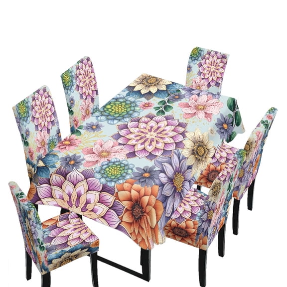 Xoenoiee Boho Mandala Flower Pattern 7 Pcs Table Cloth with Chair Covers Set Easy-Clean Elastic Rectangle Tablecloth with Seat Slipcover Set of 6 for Home Restaurant Hotel Decor