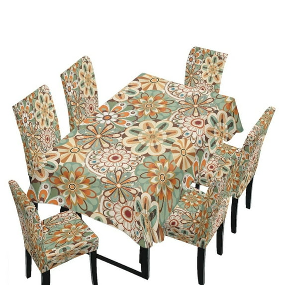 Xoenoiee Boho Mandala Flower Pattern 7 Pieces Set Tablecloth and Chair Covers for Banquet Party Decor Washable Rectangle Table Cloth and Dining Chair Slipcovers for Dining Room