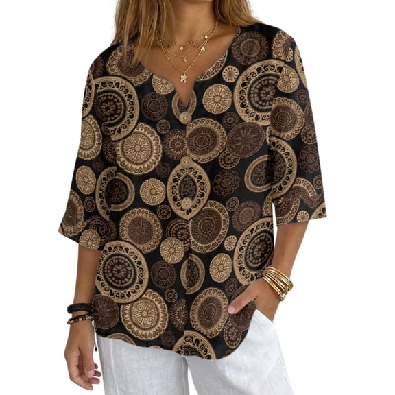 Xoenoiee Boho Mandala Flower Print 3/4 Sleeve Cotton Linen Shirts for Women Summer Retro Boho Tops Button Down Loose Casual Blouses Dressy Loose Fit, Size 4XL
