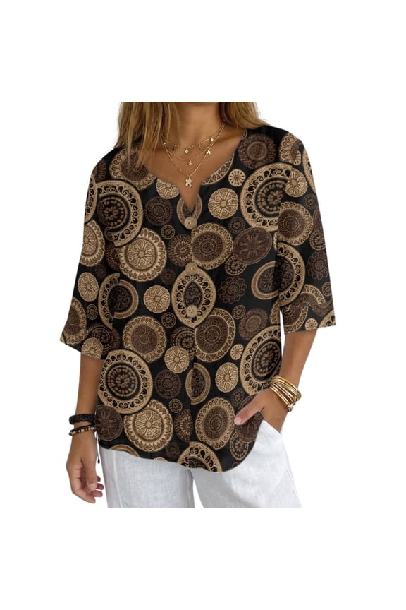 Boho Mandala Flower Print 3/4 Sleeve Cotton Linen Shirts for Women Summer Retro Boho Tops Button Down Loose Casual Blouses Dressy Loose Fit, Size L