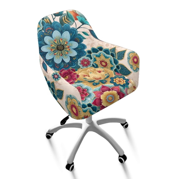 Xoenoiee Boho Mandala Flower Print Curved Back Chair Covers with Arms, Stretch Armchair Slipcover Velvet Mid Century Modern Armchair Slipcover Anti-Slip Furniture Protector for Living Room