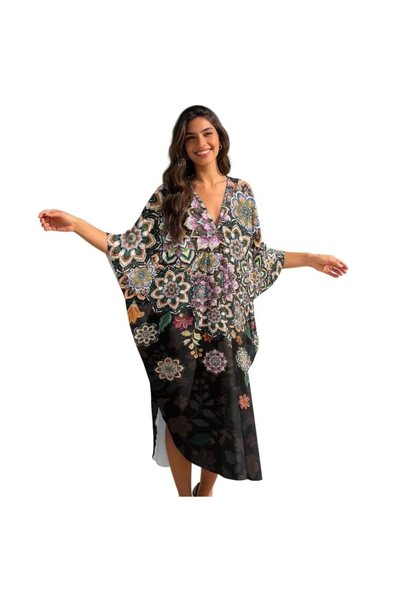 Boho Mandala Flower Print Kaftan Dresses for Women Plus Size Summer Bathing Suit Cover up V Neck Batwing Dress Loose fit Moroccan Caftan Mumu Dresses