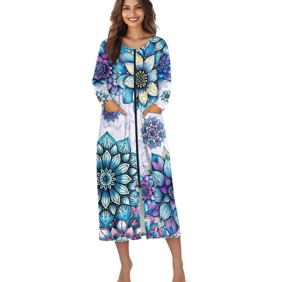 Xoenoiee Boho Mandala Flower Print Women's Zipper Robes Long Sleeve Loungewear Full Length Nightgowns Housecoat Fleece Bathrobe with Pockets, 2XL