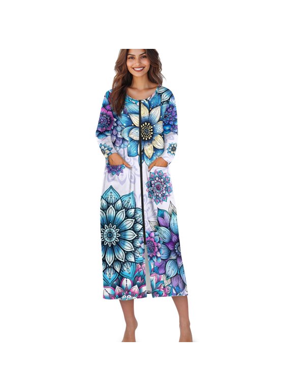 Boho Mandala Flower Print Women's Zipper Robes Long Sleeve Loungewear Full Length Nightgowns Housecoat Fleece Bathrobe with Pockets, S