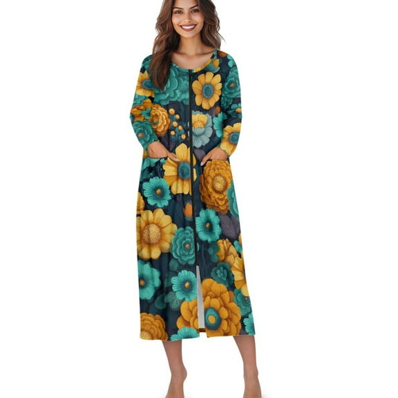 Xoenoiee Boho Mandala Flower Print Women's Zipper Robes Long Sleeves Bathobe Soft House Coat Sleepwear Full Length Loungewear with Pockets, Size L