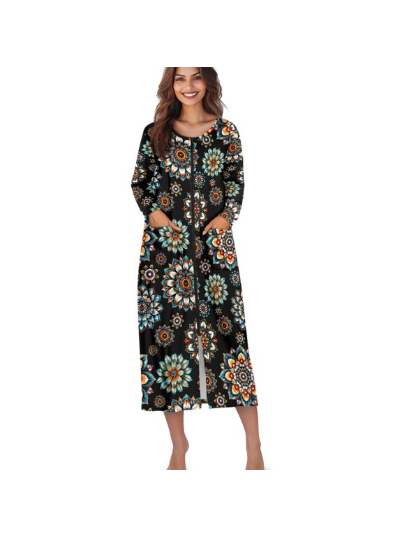 Boho Mandala Flower Print Womens Robe Housecoat with Pockets Long Sleeves Zip Up Nightgown for Women, Soft Bathrobe Zipper Loungewear Dress, S