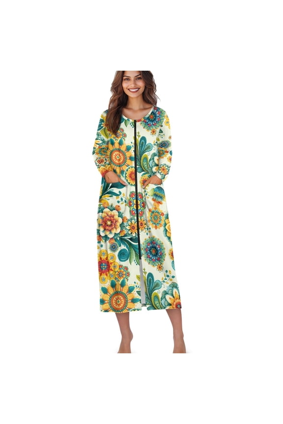 Boho Mandala Flower Print Zipper Front Robes for Women Zipper Nightgown Long Housecoat Lightweight Bathrobe with Pockets, Size 3XL
