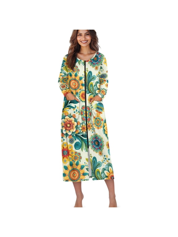 Boho Mandala Flower Print Zipper Front Robes for Women Zipper Nightgown Long Housecoat Lightweight Bathrobe with Pockets, Size M
