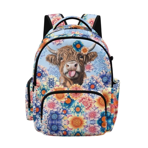 Xoenoiee Boho Mandala Highland Cattle Print Backpack for Girls Teens, Large Capacity School Bag Bookbag for Elementary Middle High Students, 17 Inch Lightweight Bookpack Knapsack for Kids