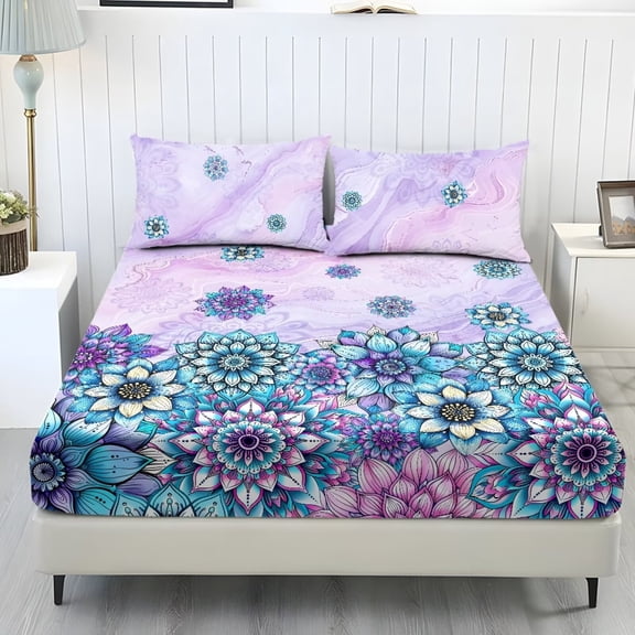 Xoenoiee Boho Mandala Marble Print 3-Piece Fitted Sheet Bedsheet with Breathable Pillowcases Deep Pocket Fitted Sheet Premium Soft Bedsheet for Bedroom Decor, Full Size
