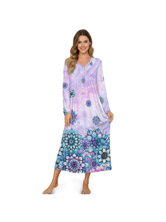 Boho Mandala Marble Print Women's Long Sleeve Nightgown Long Sleepshirt Henley Nightgowns Moo Moos Full Length Sleep Dress House Dress, Size XL