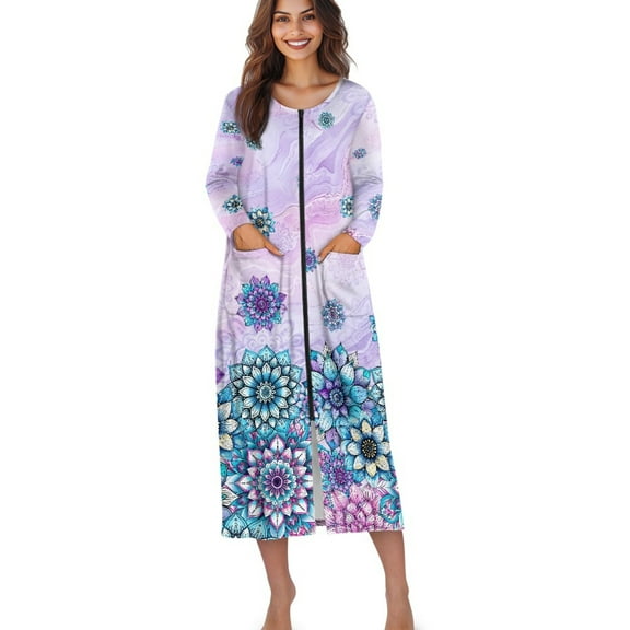 Xoenoiee Boho Mandala Marble Print Zipper Front Robes for Women Zipper Nightgown Long Housecoat Lightweight Bathrobe with Pockets, 2XL