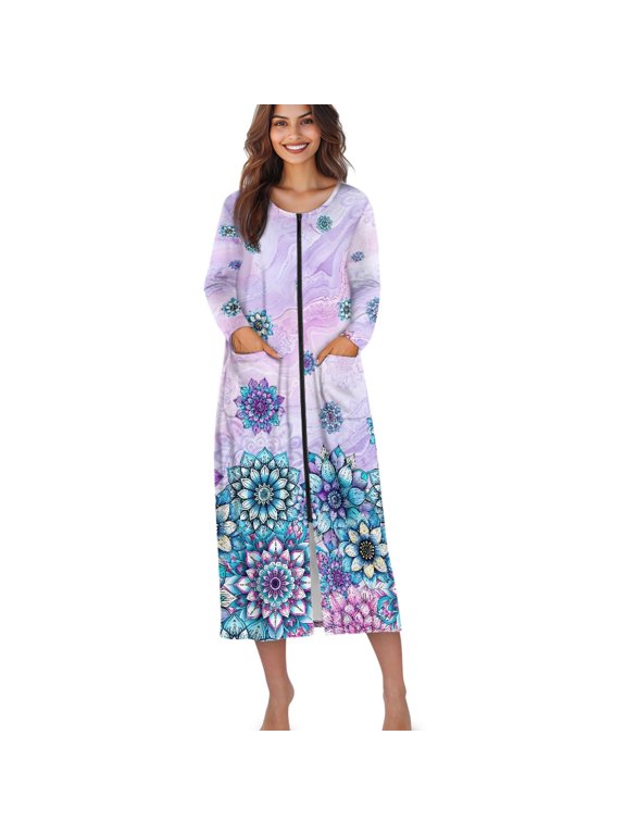 Boho Mandala Marble Print Zipper Front Robes for Women Zipper Nightgown Long Housecoat Lightweight Bathrobe with Pockets, 3XL