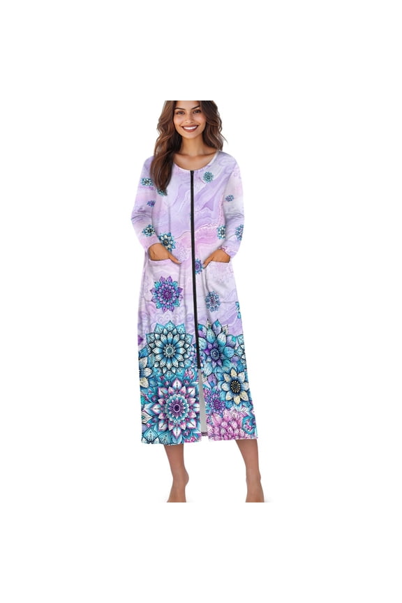 Boho Mandala Marble Print Zipper Front Robes for Women Zipper Nightgown Long Housecoat Lightweight Bathrobe with Pockets, 3XL