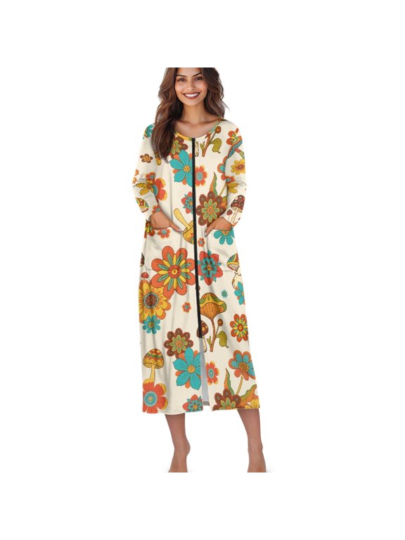 Boho Mandala Mushroom Print Women Zip Up Robe Comfy Nightgowns Housecoats Long Sleeve Bathrobe Breathable Sleepwear with 2 Pockets, S