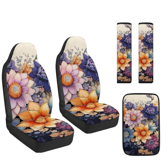 Xoenoiee Boho Mandala Pattern Car Accessories Set of 5, PU Leather Car Seats Cover Protector, Seatbelt Cover, Auto Armrest Cover Protector for Most Vehicle, SUV, Truck