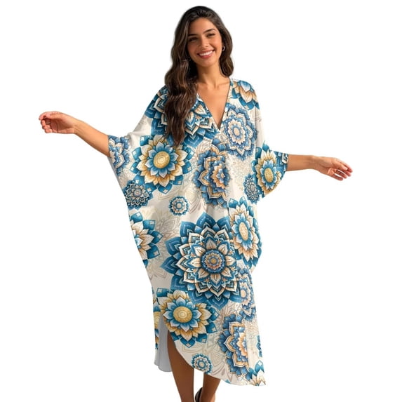 Xoenoiee Boho Mandala Print Swimsuit Cover Up Plus Size Caftans Beach Cover Up Maxi Beach Dress Vneck Batwing Sleeve Kaftan Dresses for Women