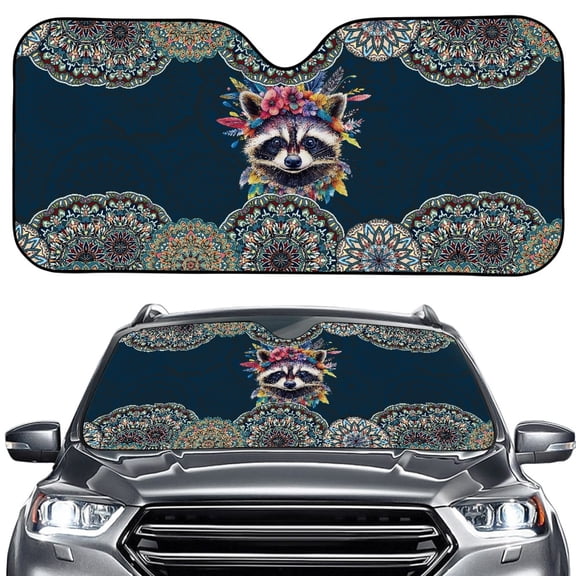 Xoenoiee Boho Mandala Raccoon Pattern Windshield Sun Shade, Foldable Sun Blocker for Car, Truck, SUV Automotive Interior Sun Protection, Reflective Shade for Front Windshield with Suction Cups