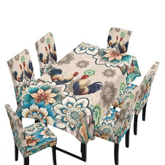Xoenoiee Boho Mandala Rooster Chicken Pattern Tablecloth Set with 6 Chair Covers, Rectangle Tablecloth and Seat Protector Slipcovers for Family Dinners & Holiday Parties