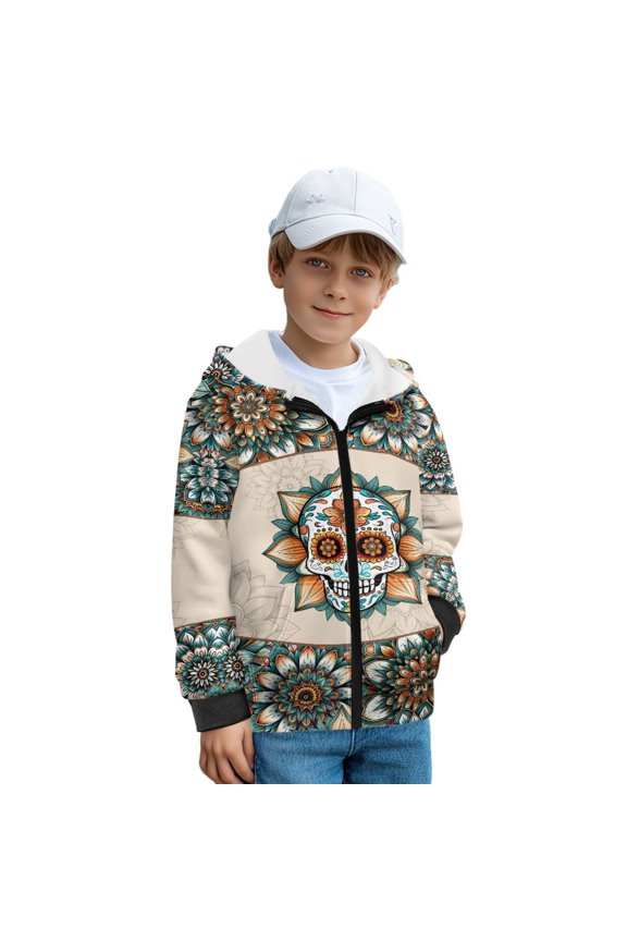 Boho Mandala Sugar Skull Print Fleece Hoodies Fall Outfits Sweatshirt for Boys Hooded Long Sleeve Jacket Full Zip Sweater Athletic Clothing Casual Joggers Shirt with Pocket, M