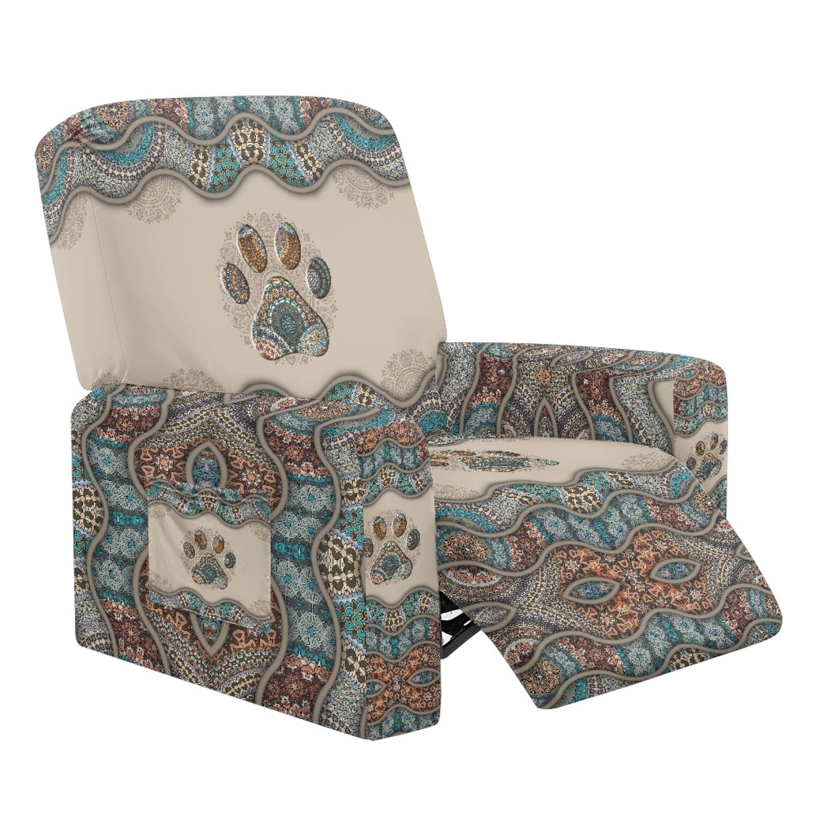 Xoenoiee Boho Paw Print Recliner Chair Covers, Lazy Boy Recliner Covers Stretch Couch Cover Slipcovers 4 Pieces Furniture Protector with Elastic Bottom for Dogs Cats Kids