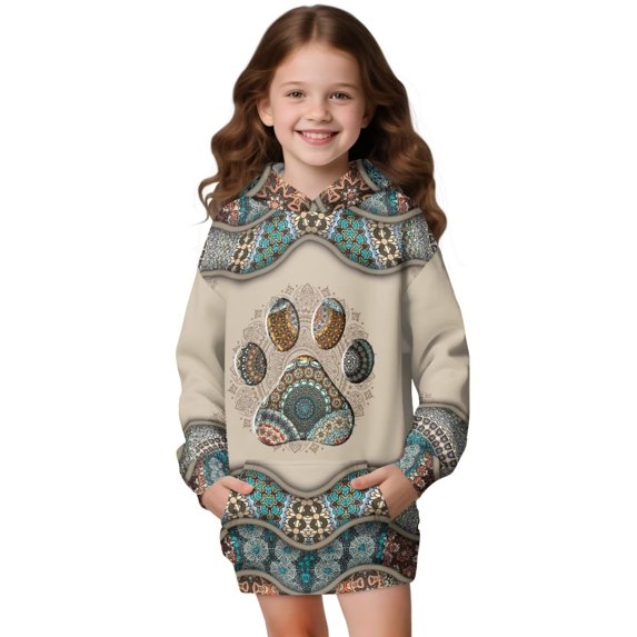 Xoenoiee Boho Paw Print Sweatshirt for Girls Long Hoodies Pullover Dresses Long Sleeve Sportswear Comfy Sports Sweater with Kangaroo Pocket Sportswear Plus Size, 7-8 Years