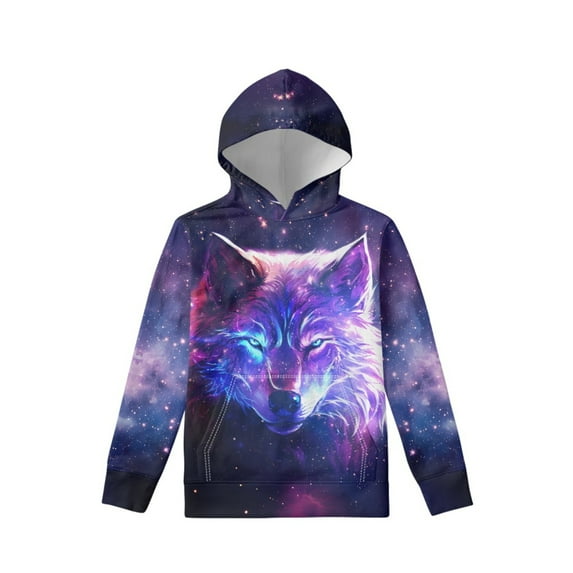 Xoenoiee Boys Hoodies Galaxy Wolf Print Hooded Sweatshirt Long Sleeve Sweater with Front Kangaroo Pocket for Kids Workout Travel Walk, Fall Winter Clothing, S