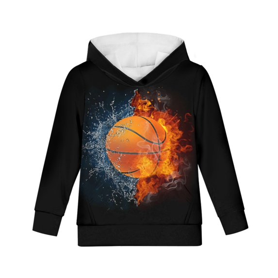 Xoenoiee Boys Pullover Hoodies Cosy Hooded Sweatshirt Water Flame Basketball Pattern Winter Tops with Front Kangaroo Pocket Long Sleeve Clothes for Kids Workout Travel Party, XL