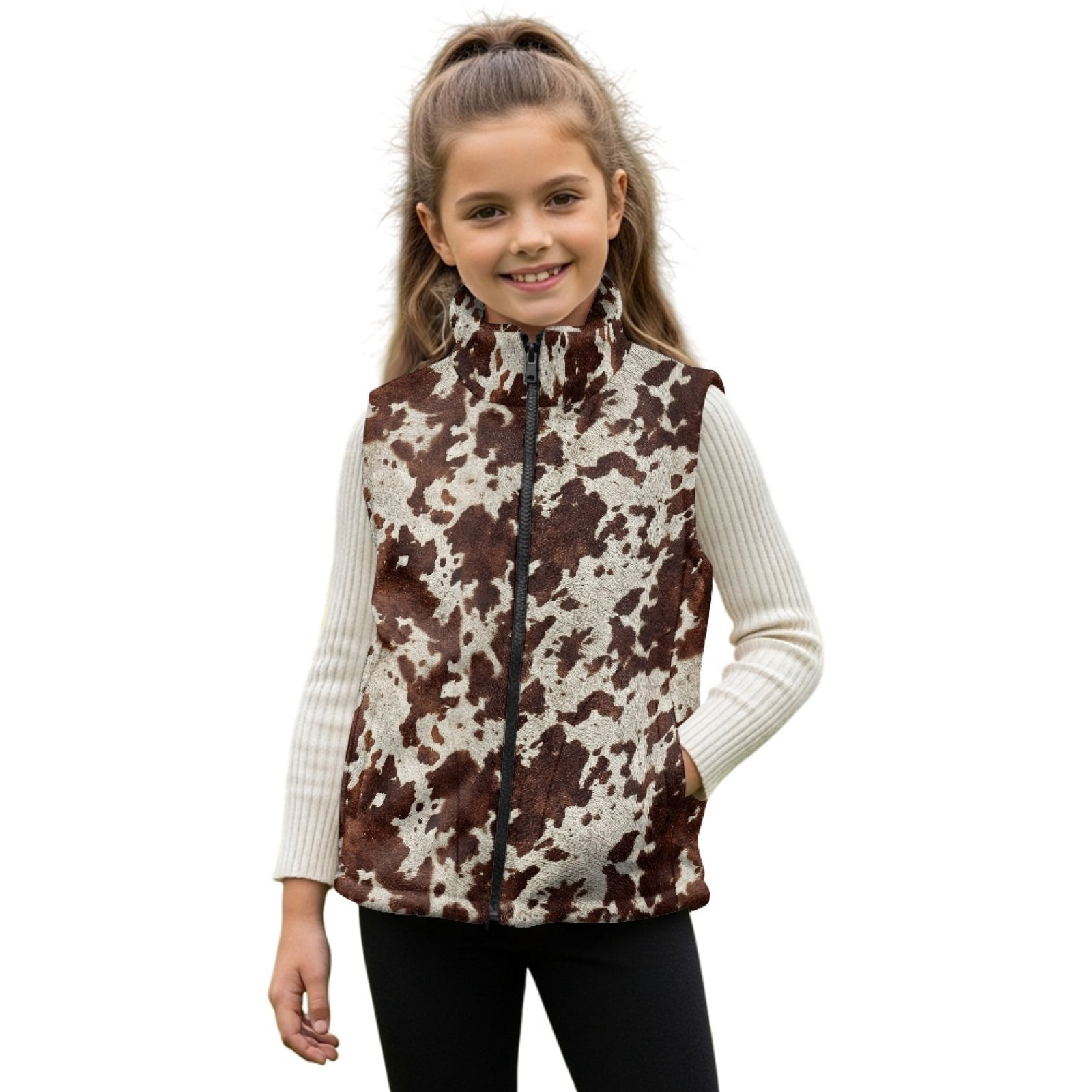 Xoenoiee Brown Cow Pattern Girls Vest Lightweight Stand Collar Sleeveless Zip Up Outerwear Fleece Warm Jacket with 2 Pocket, Size 9-10 Years