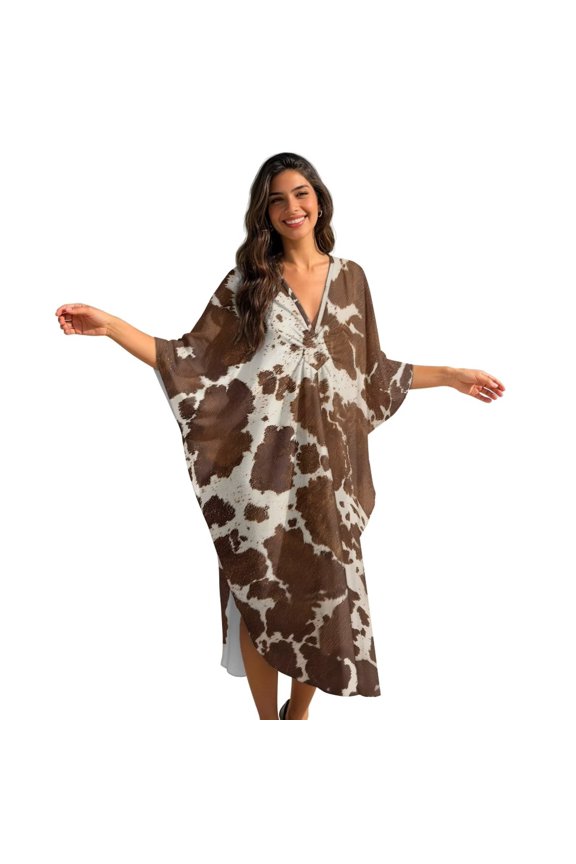 Brown Cow Pattern Kaftan Dresses for Women Batwing Sleeve Caftans Bathing Suit Cover Up Plus Size Long Beach Coverup V-Neck Mumu Dresses Loungewear