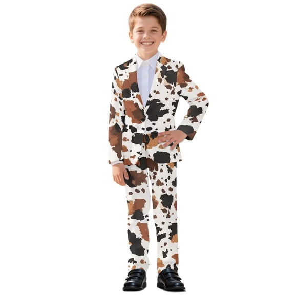 Xoenoiee Brown Cow Pattern Kids Boy's Suits Toddler Tuxedo Suit Dress Clothes Coat Pants Set Burgundy Party Outfit with Pockets, Size 9-10 Years