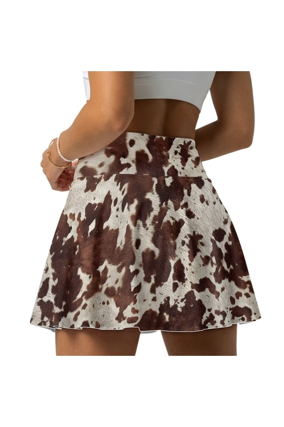 Brown Cow Pattern Women Tennis Skirts Elastic Waist Pleated Golf Skort with 2 Pockets Stretchy Athletic Skirt for Pickleball Workout, 2XL