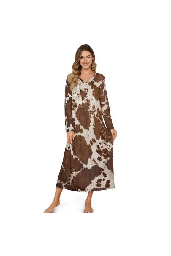 Brown Cow Print Long Nightgowns for Women Long Sleeve Sleepshirt Button Sleep Dress Mumu Dress V Neck Sleepwear Plus Size, L