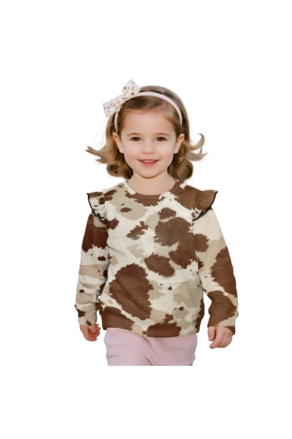 Brown Cow Print Long Sleeve Girls Crewneck Sweatshirt Ruffle Shoulder Girls' Fashion Hoodies Sweatshirts Clothes, Size 4-5 Years