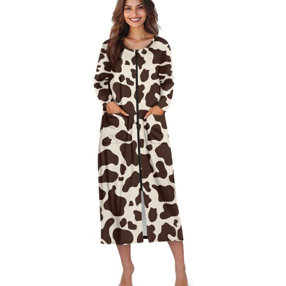 Xoenoiee Brown Cow Print Women Zip Up Robe Long Sleeve Housecoat Soft Zipper Front Nightgown Loungewear Nightdress with Pockets, Size S