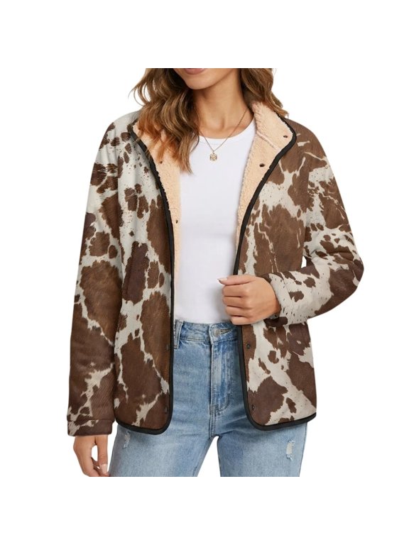 Brown Cow Print Womens Coats Jackets Lightweight Fleece Jacket Button Down Outerwear Long Sleeve Fleece Lined Jacket with Pockets Comfy Hiking Athletic Outwear Clothes, L