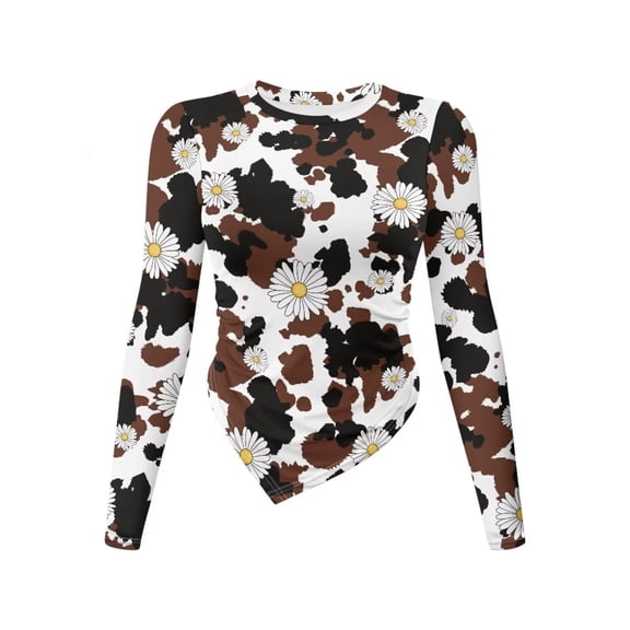 Xoenoiee Brown Daisy Cow Pattern Asymmetrical Tops Women Going Out Long Sleeve Crop Top Shirts 2026 Slim Fit Ruched Y2k Clothes Plus Size, Size L