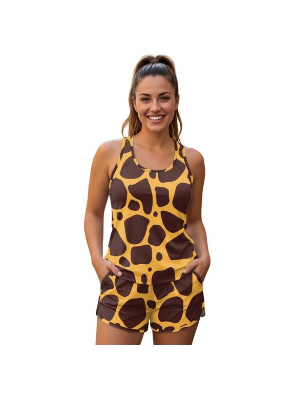 Brown Giraffe Print Tankini Swimsuits for Women Two Piece Tummy Control Bathing Suit Slimming Modest Swimwear with High Waisted Bottom, 5XL