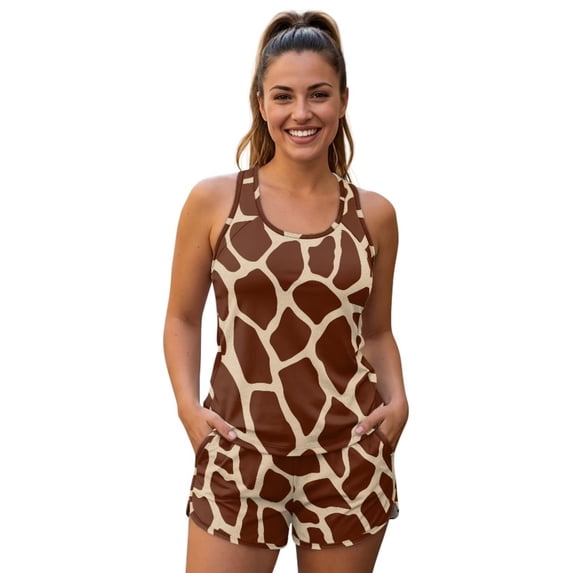 Xoenoiee Brown Giraffe Print Womens Tankini Bathing Suits with Shorts Two Piece Tummy Control Swimsuits Ladies Racerback Swimwear with Side Pockets, 3XL