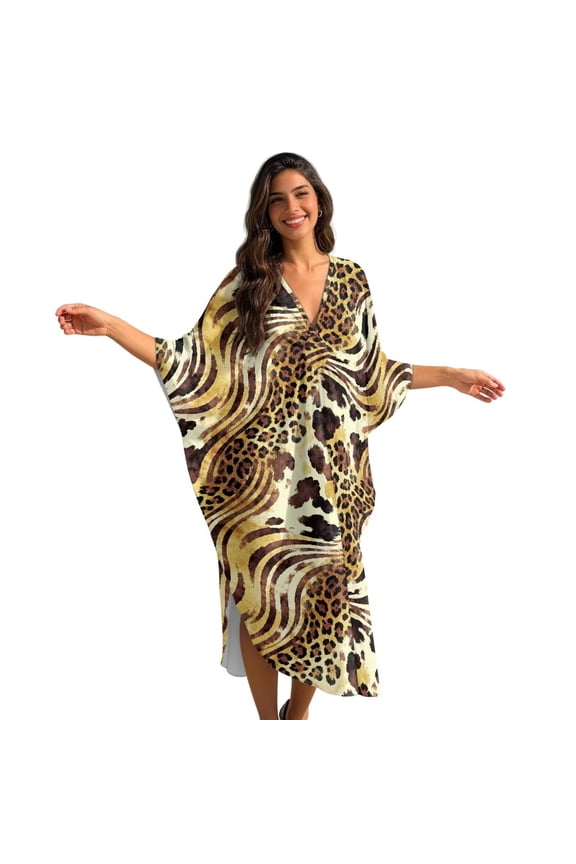 Brown Leopard Cow Striped Pattern Swimsuit Cover Up Plus Size Caftans Beach Cover Up Maxi Beach Dress Vneck Batwing Sleeve Kaftan Dresses for Women