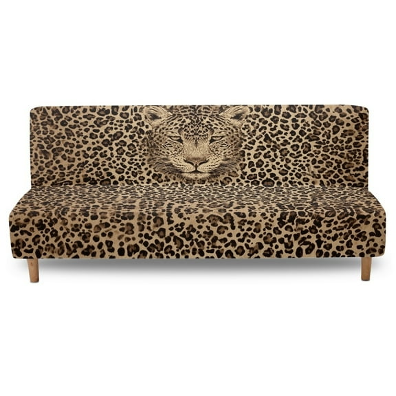 Xoenoiee Brown Leopard Pattern Stretch Futon Slipcover Armless Futon Bed Cover Furniture Protector Without Armrests with Elastic Bottom for Kids, Soft Jacquard Fabric Armless Futon Cover