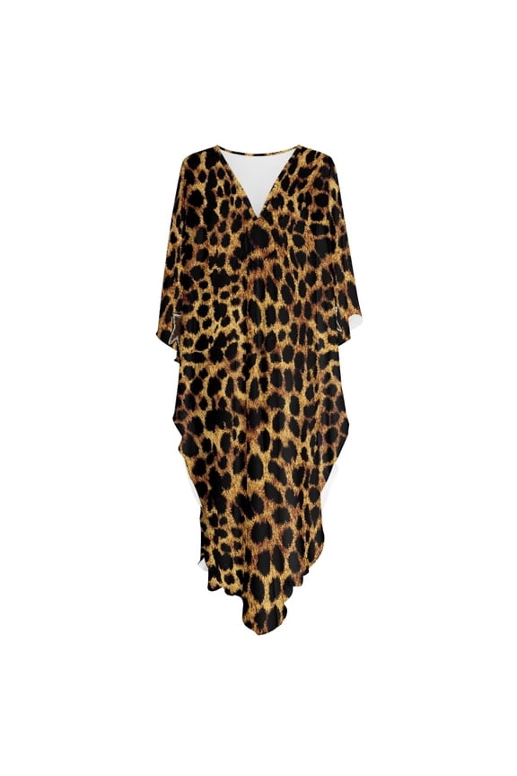 Brown Leopard Pattern Women Kaftan Dress Long Maxi Plus Size Caftan Batwing Sleeve Swimsuit Cover Up Gown Beach Party Casual Kimono Nightdress