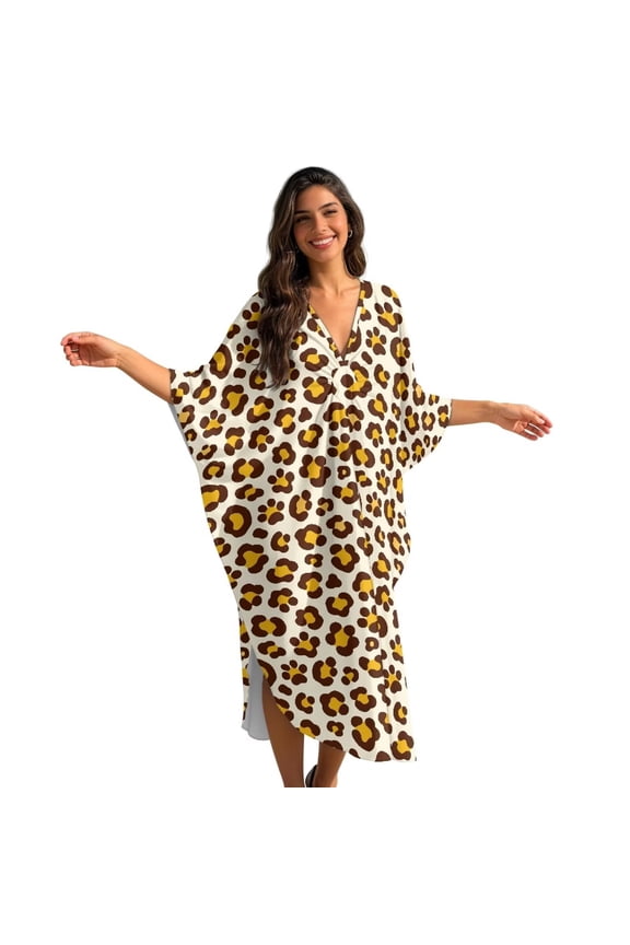 Brown Leopard Pattern Women Kaftan Moo Moos Dresses Batwing Sleeve V Neck Beach Swimsuit Cover Up High-Slit Caftan Maxi Dress Loungewear