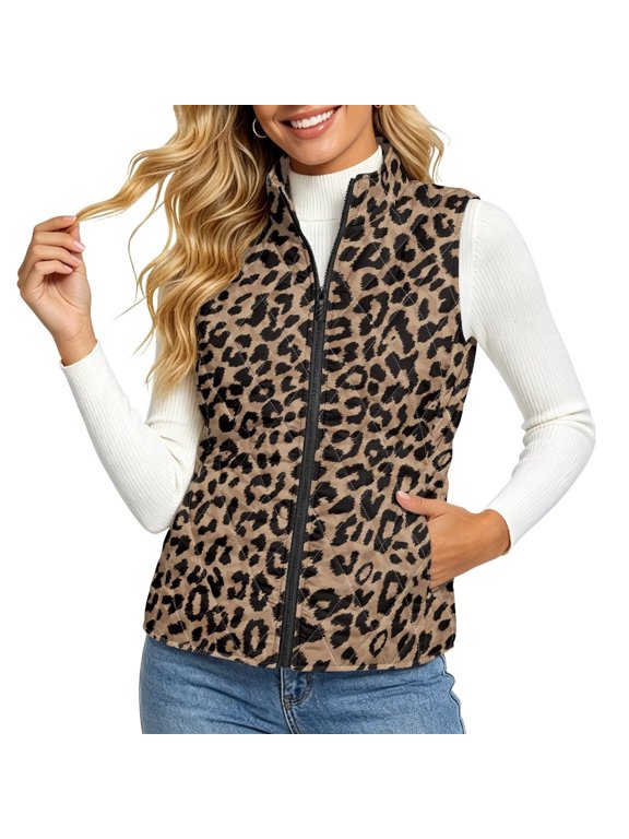 Brown Leopard Print Womens Oversized Vest Sleeveless Quilted Jacket Soft Lightweight Puffer Vest Zip Up Layering Jacket, Warm Puffy Vest Gilet with Pocket, Fall Winter Outerwear, XL