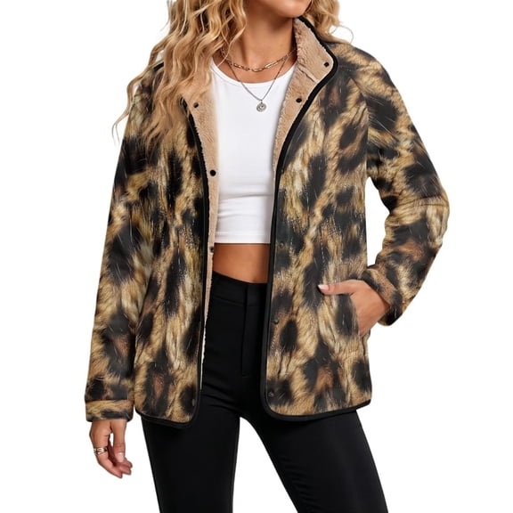 Xoenoiee Brown Leopard Print Womens Winter Fleece Jacket Fuzzy Lapel Button Sherpa Coats with Pockets Long Sleeve Winter Sweatshirt Teddy Fleece Outerwear Warm Coats, S