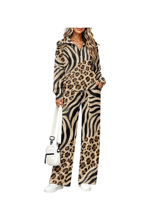 Brown Leopard Zebra Stripe Print Womens 2 Piece Sweatsuits Quarter Zip Outfits Lounge Sets Long Sleeve Pullover Sweatshirt Wide Leg Sweatpants Sweater Sets Tracksuits Airport Outfits, 4XL