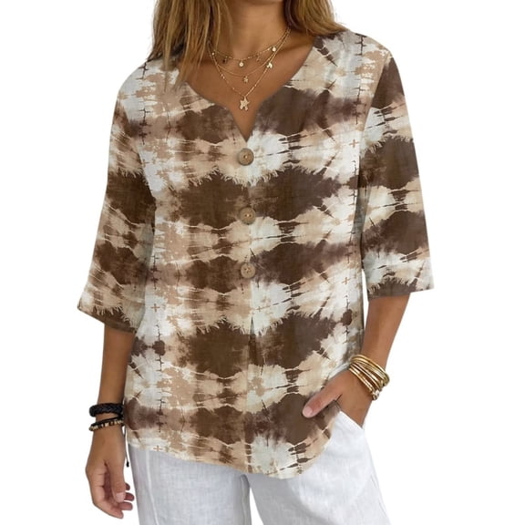 Xoenoiee Brown Tie Dye Print Button Down Shirts for Women 3/4 Sleeve Tops V Neck Blouse Vintage Linen Tunic Blouses Spring Clothes, Size 4XL