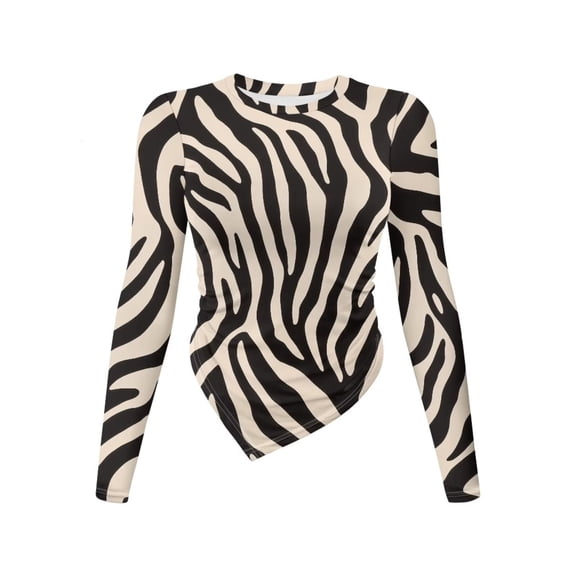 Xoenoiee Brown Zebra Stripe Print Women's Tops Long Sleeve Asymmetrical Hem Ruched Slim Fit Shirts Elastic Going Out Y2k Shirts Fall Blouse Pullover, S