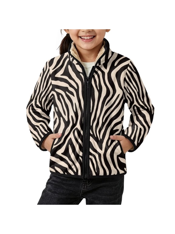 Brown Zebra Stripes Print Kids Full Zip Cardigan Jacket Casual Sweater for Girls Fall Fleece Jacket Stand Collar Outerwear Thick Polar Fleece Winter Coat, 3 Years